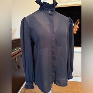 Vintage Navy Blue Blouse Button Up Slightly Sheer